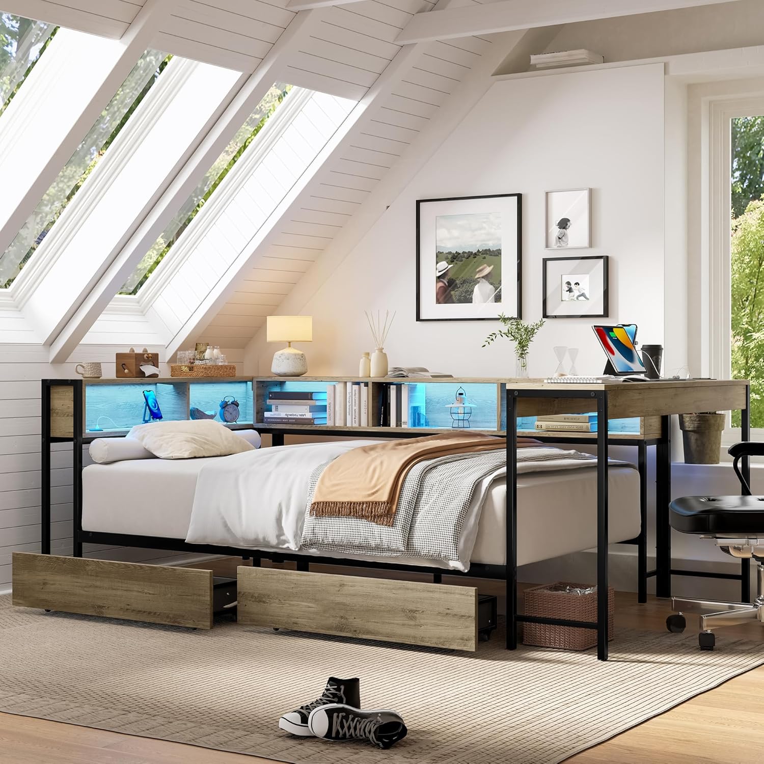 Bellemave Twin Corner Bed Frame with Desk and Storage, Twin Size Captains Bed with Charging Station and LED Light, Wood Daybeds with L-Shaped Bookcase and 2 Drawers, Grey