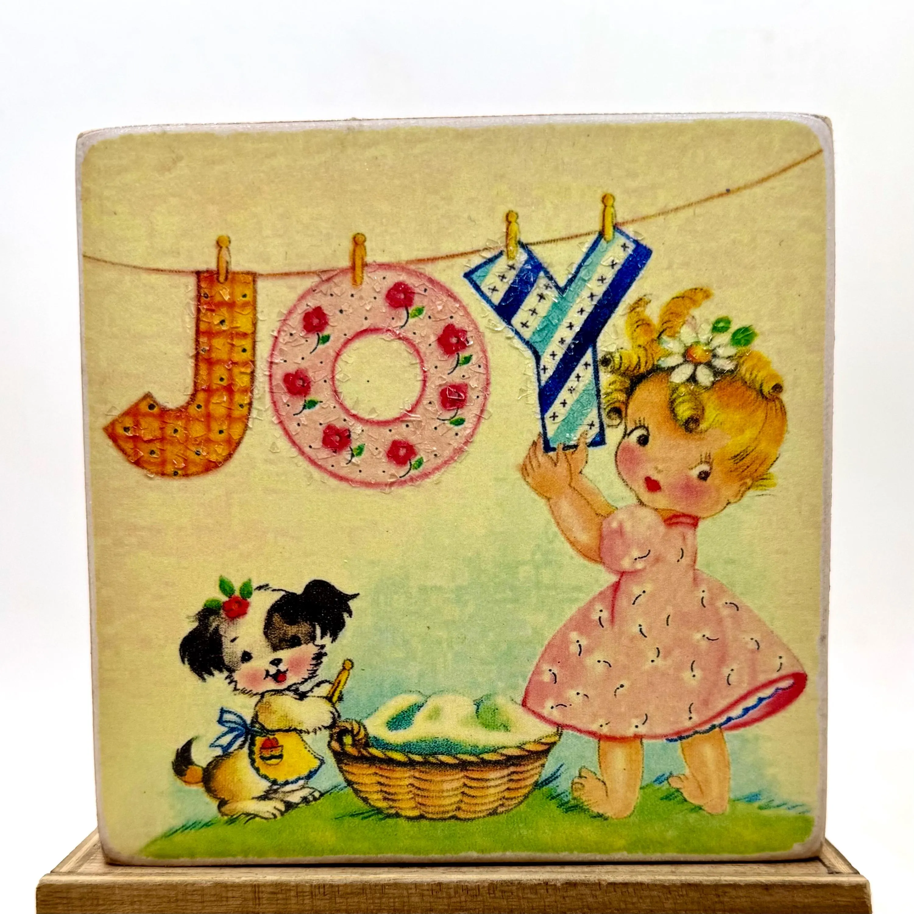 Vintage Style Joyful Girl and Dog Wood Sign/Shelf Sitter