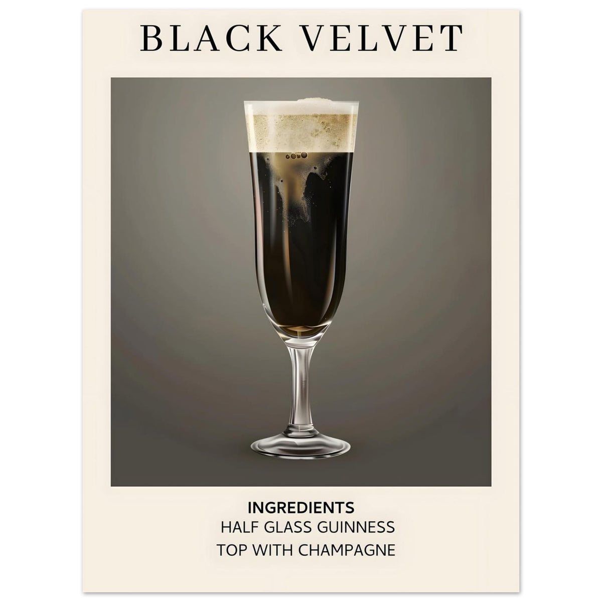 Artfulprints Poster Black Velvet cocktail - Ingrediënten  - 30x40 cm - Zwart / Wit