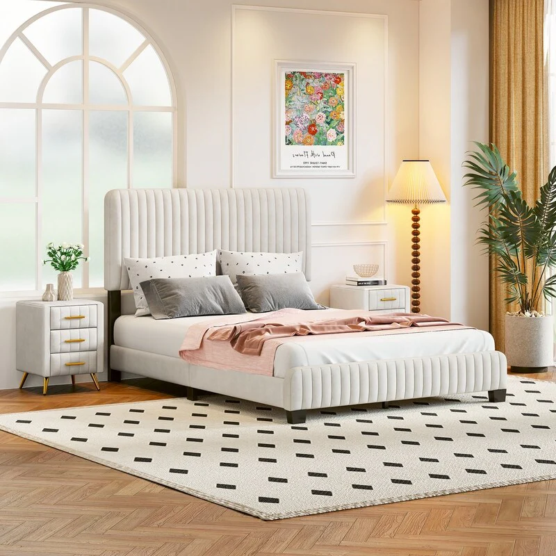 3-Pieces Bedroom Sets, Full Size Upholstered Platform Bed with Two Nightstands, Nightstands with Marbling Worktop