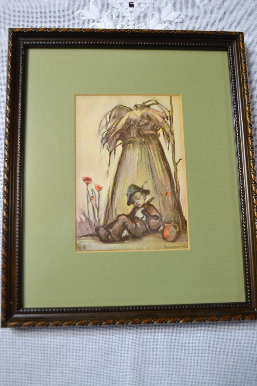 Hummel Print: Boy Sleeping by Corn Stalk, Framed Vintage Art