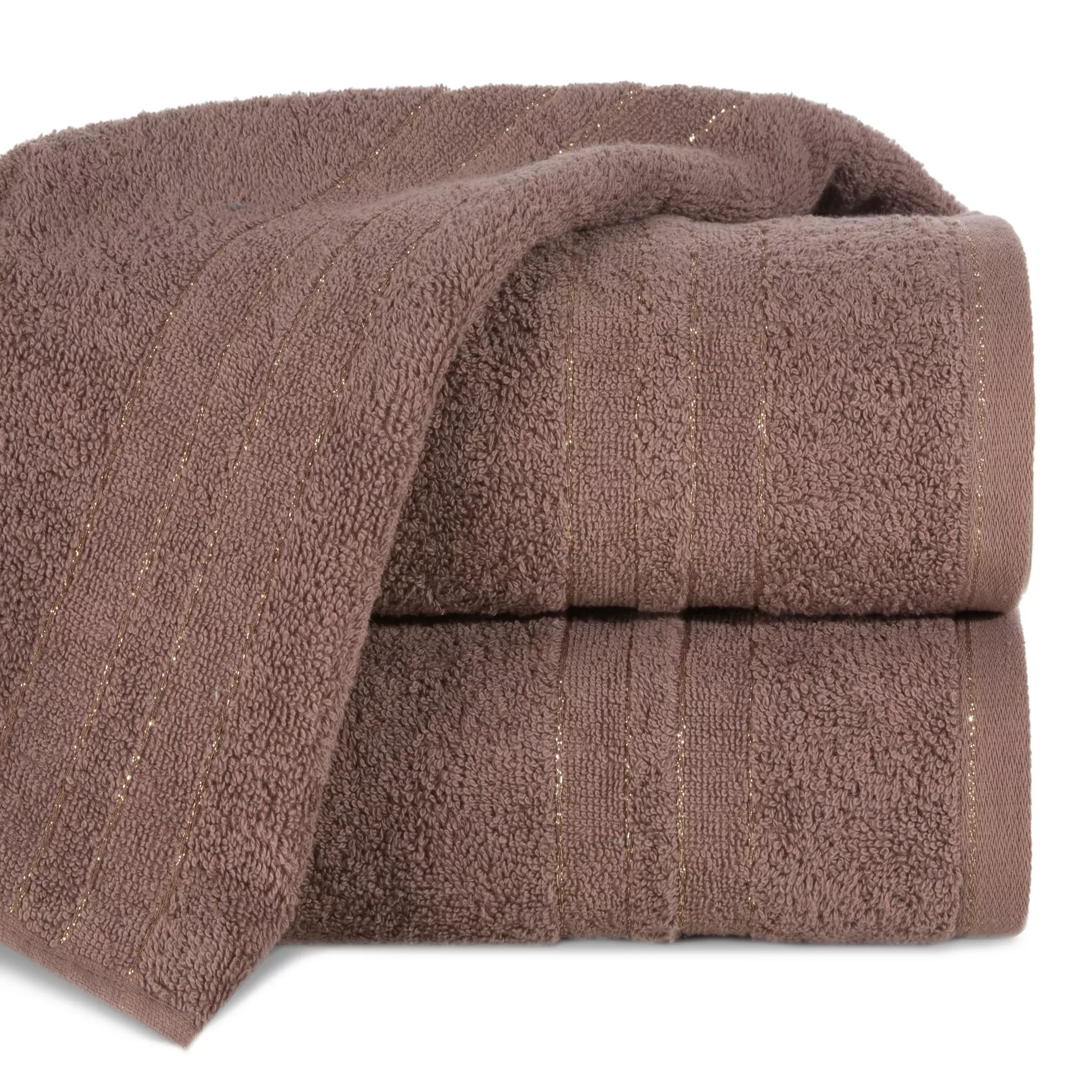 Ręcznik kąpielowy 50x90 cm bawełniany kolor jasnobrązowy z bordiurą w paski podkreślone błyszczącą nicią 500 g/m2 GALA