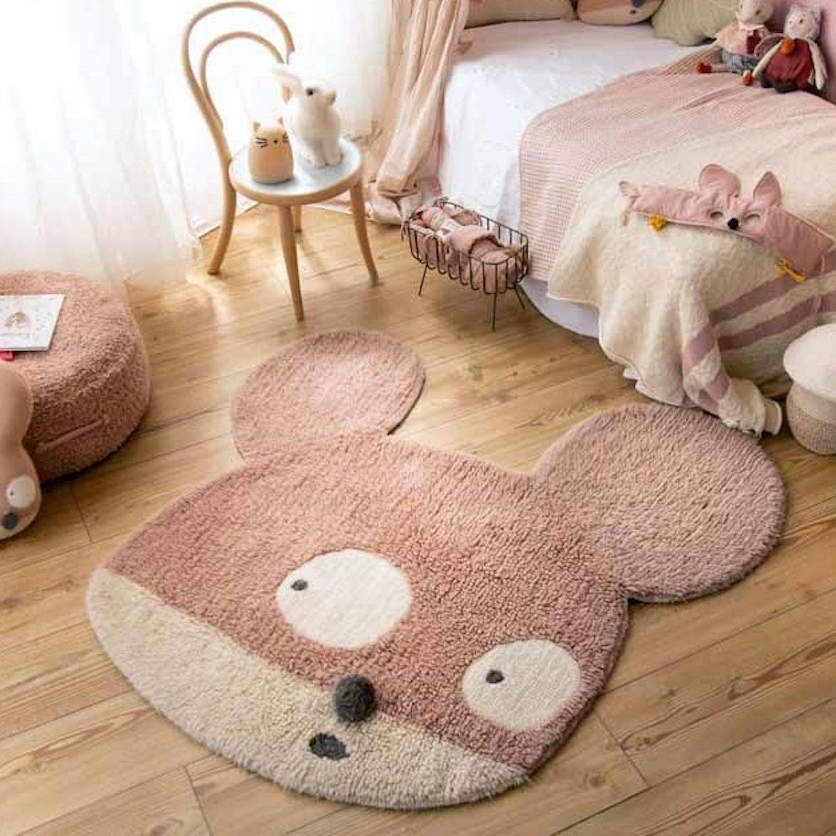 EDGAR PLANS - Tapis lavable souris en laine rose 100x120