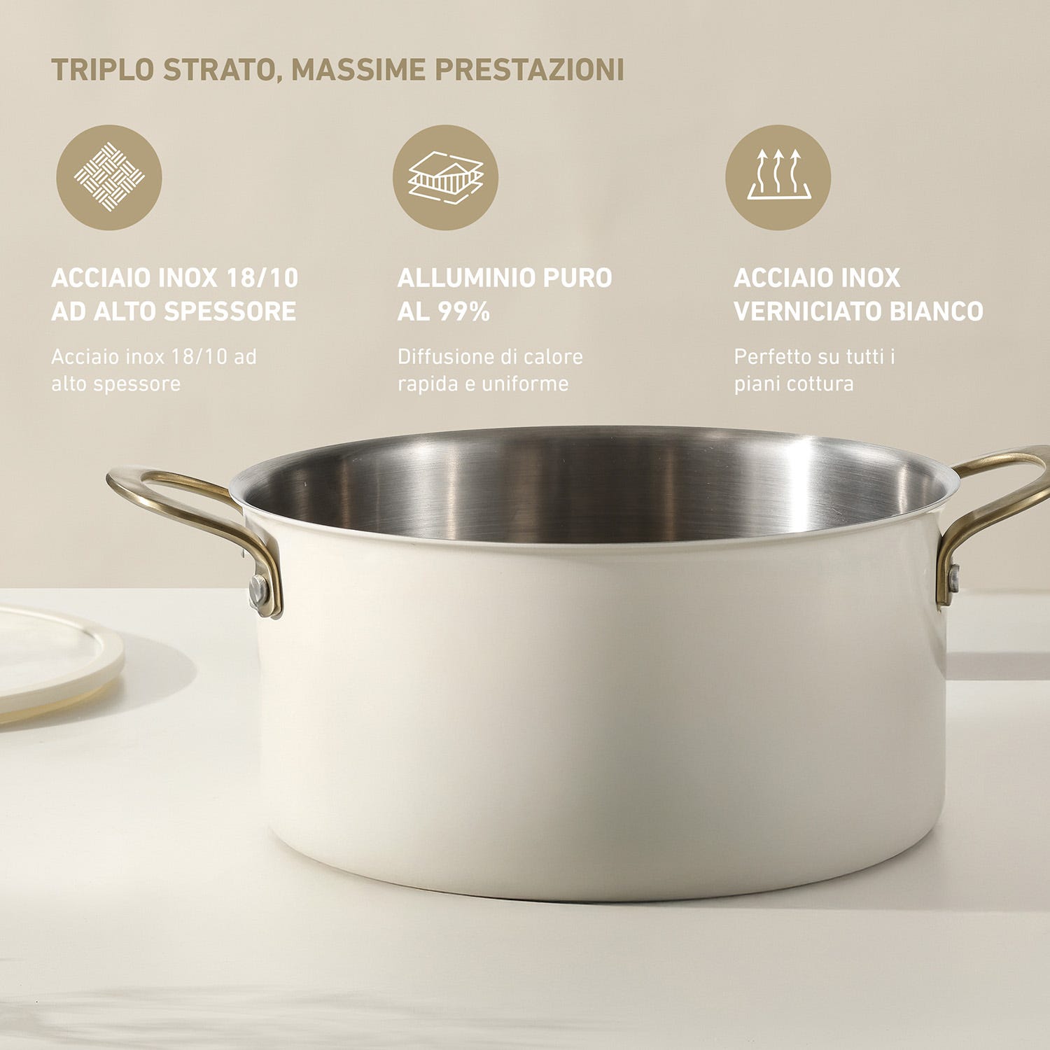 Casseruola 22 cm in acciaio bianco oro California con coperchio