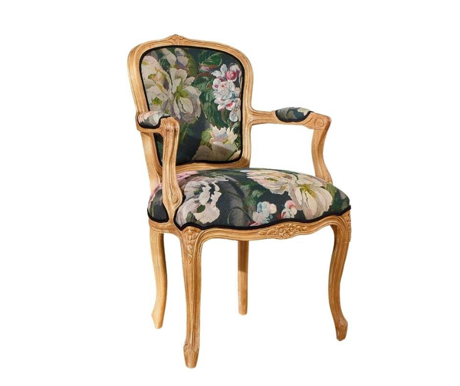 LOUVRE - Fauteuil cabriolet shabby chic en bois et tissu haute couture A motifs
