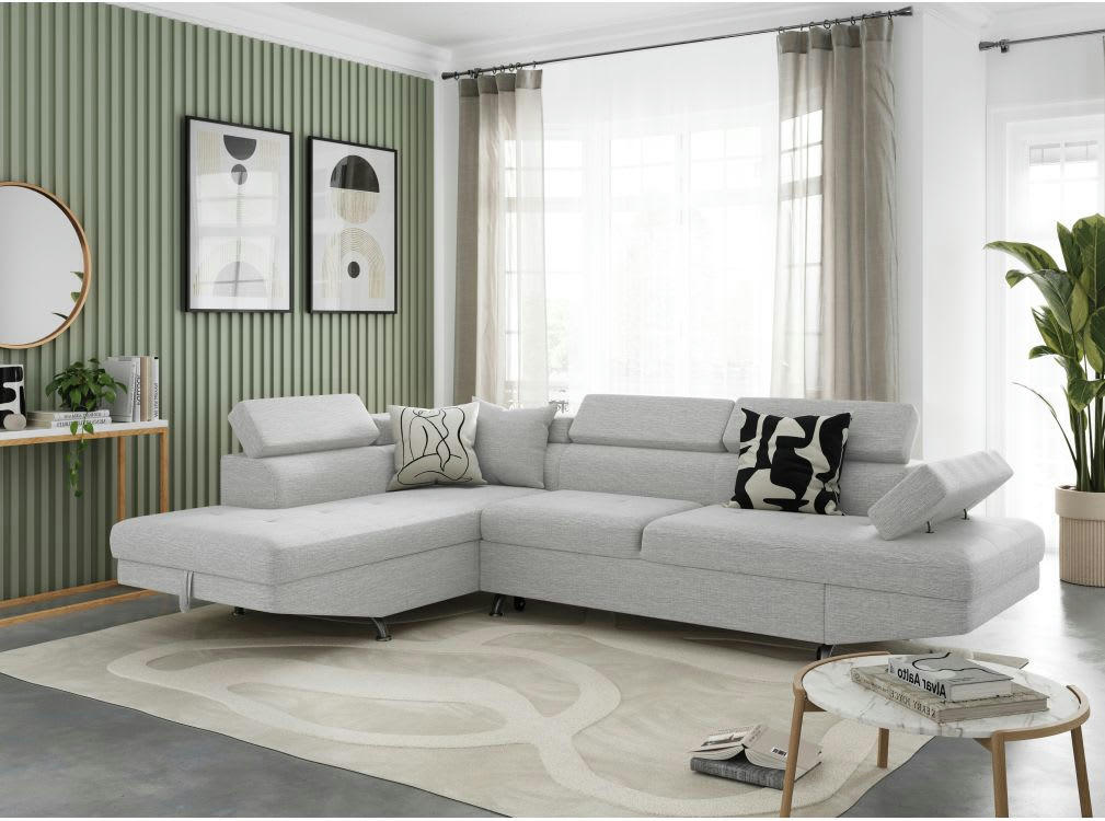 RIO - Canapé angle gauche convertible avec coffre en tissu - Gris perle