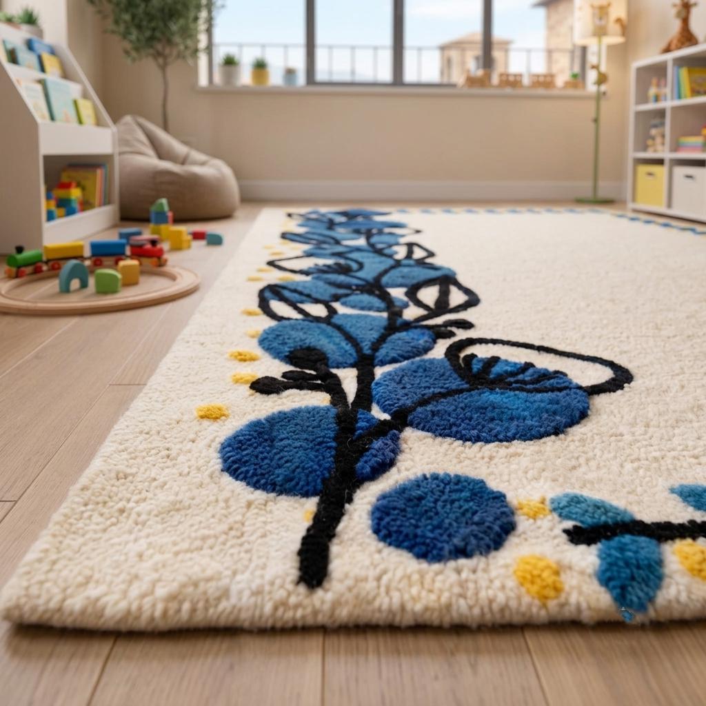 Blue Botanical Rug, Hand Tufted Floral Carpet, Cream Rectangular Accent, Nature Inspired Leaf Border, Modern Home Decor