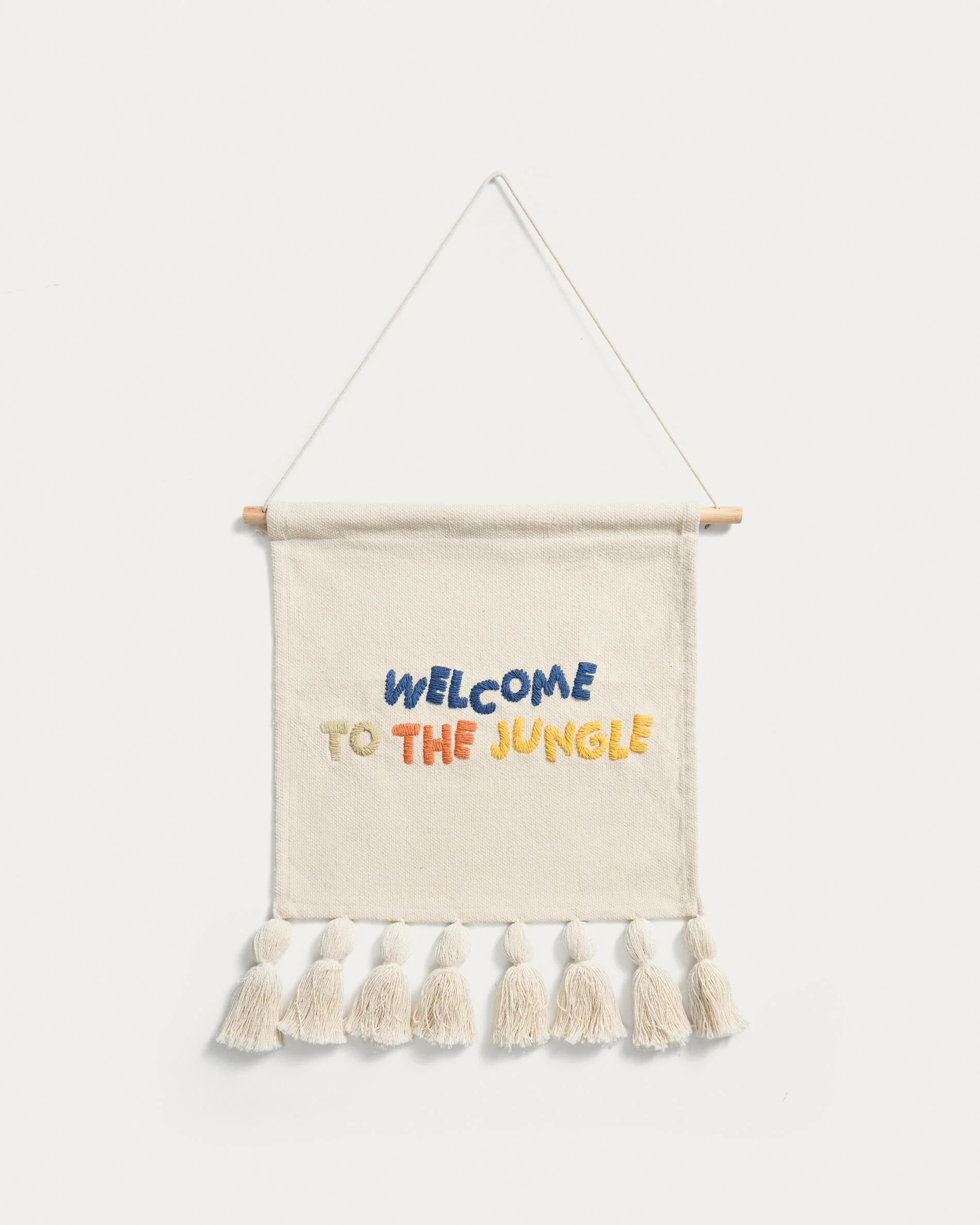 Tandani beige cotton wall tapestry with multicoloured letters and fringing 40 x 50cm