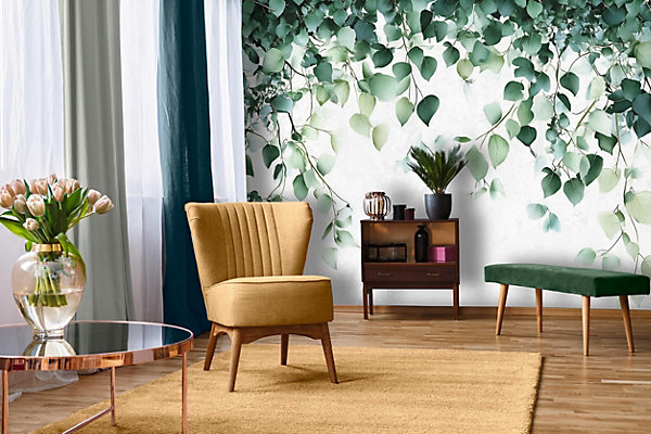 Papier Peint Intissé Panoramique Feuilles Vert Nature 300x210 cm - Colle Inclus - Chambre et Salon - Moderne Papier Peint