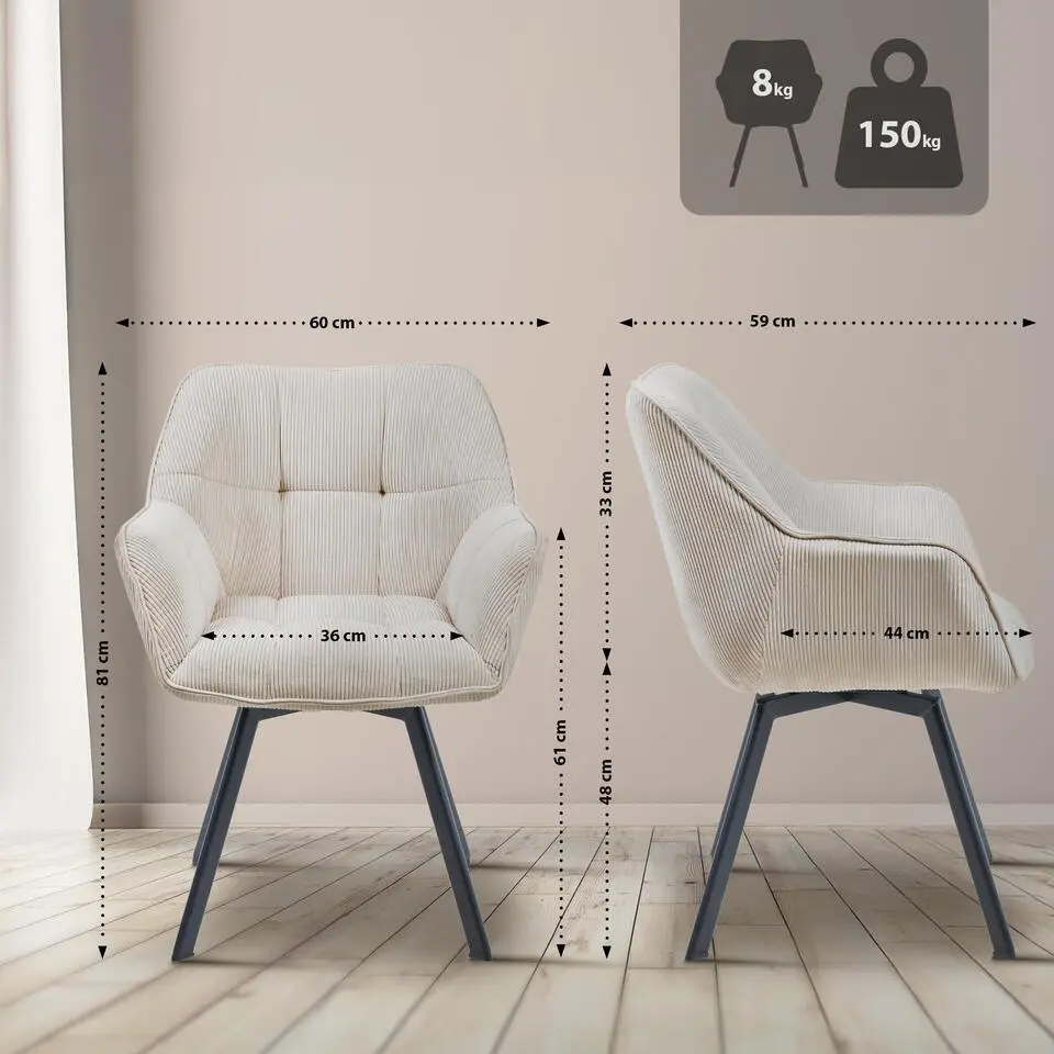 CLP Set van 2 Eetkamerstoel Jordi zwart Frame - Ribstof - creme