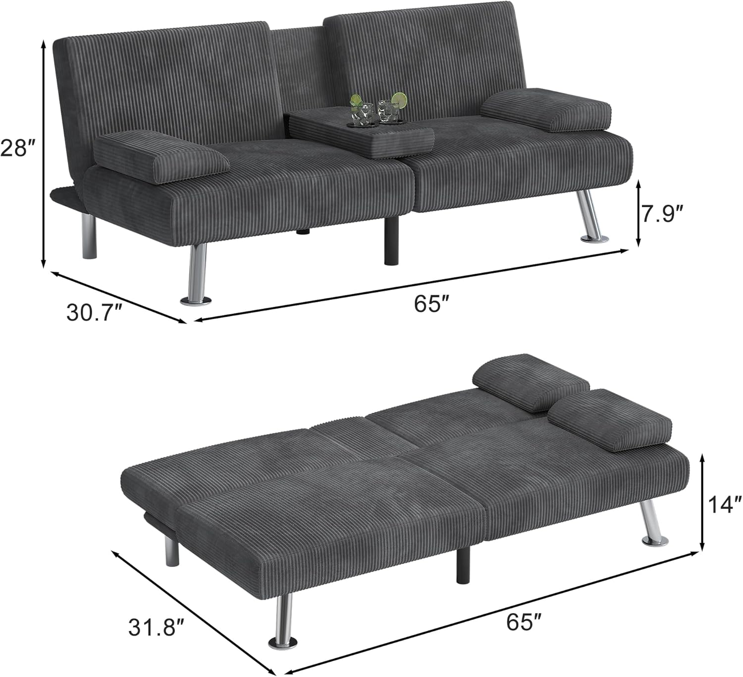 Shahoo Modern Upholstered Convertible Folding Futon Sofa Bed with Removable Armrests, Metal Legs, 2 Cup Holders for Living Room, Grey