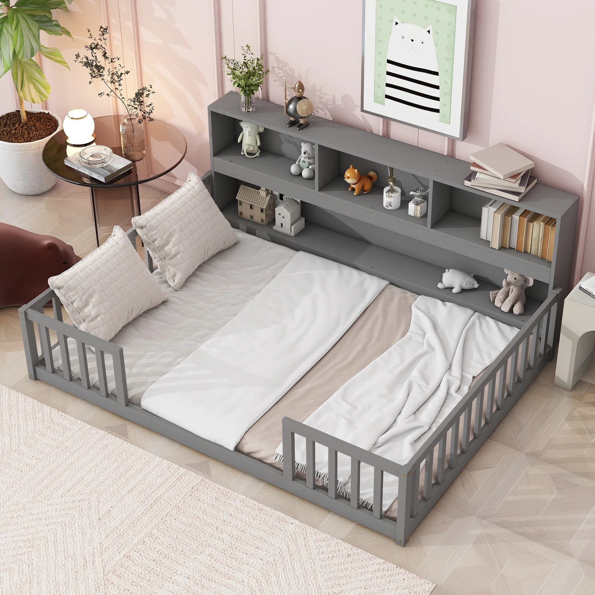 Full Size Floor Bed with Side Bookcase, Shelves, Guardrails Storage Bed, Grey