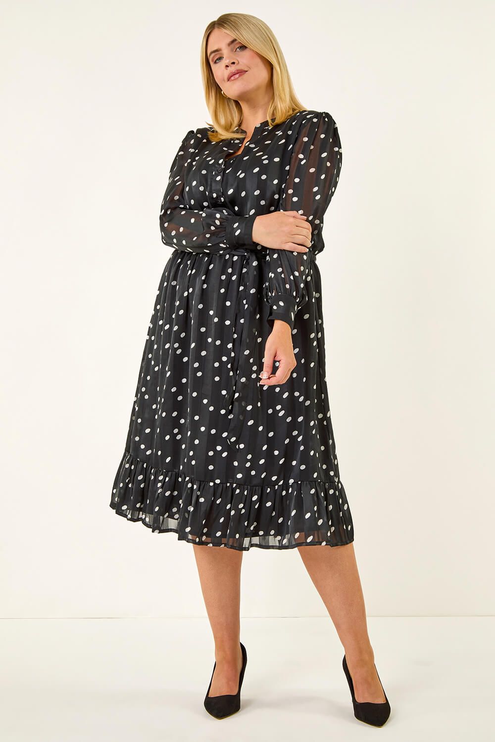 Roman Curve Polka Dot Midi Dress