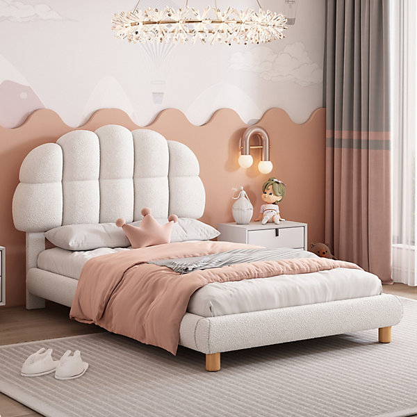 Lit Simple Rembourré Avec Sommier à Lattes En Bois, 90x200cm Lit D'enfan Avec Tête De Lit, Blan