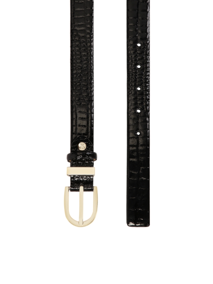 Black patent belt with embossed print