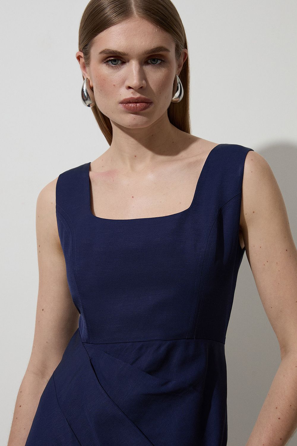 KarenMillen Petite Tailored Viscose Linen Strappy Pleat Detail Midaxi Dress