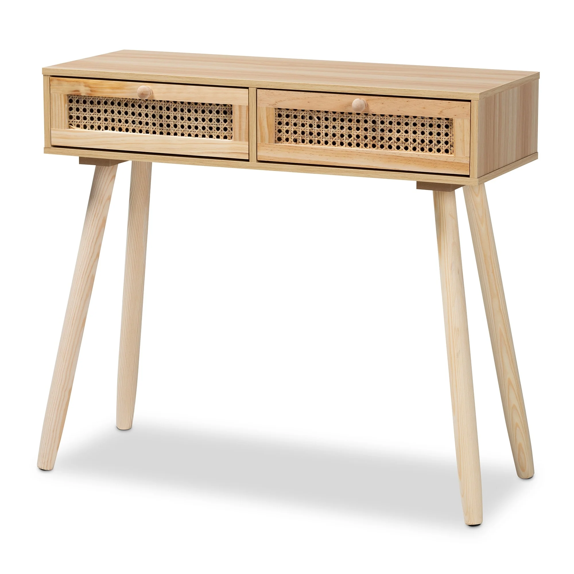 Maclean Mid-Century Modern Rattan and Natural Wood Console Table