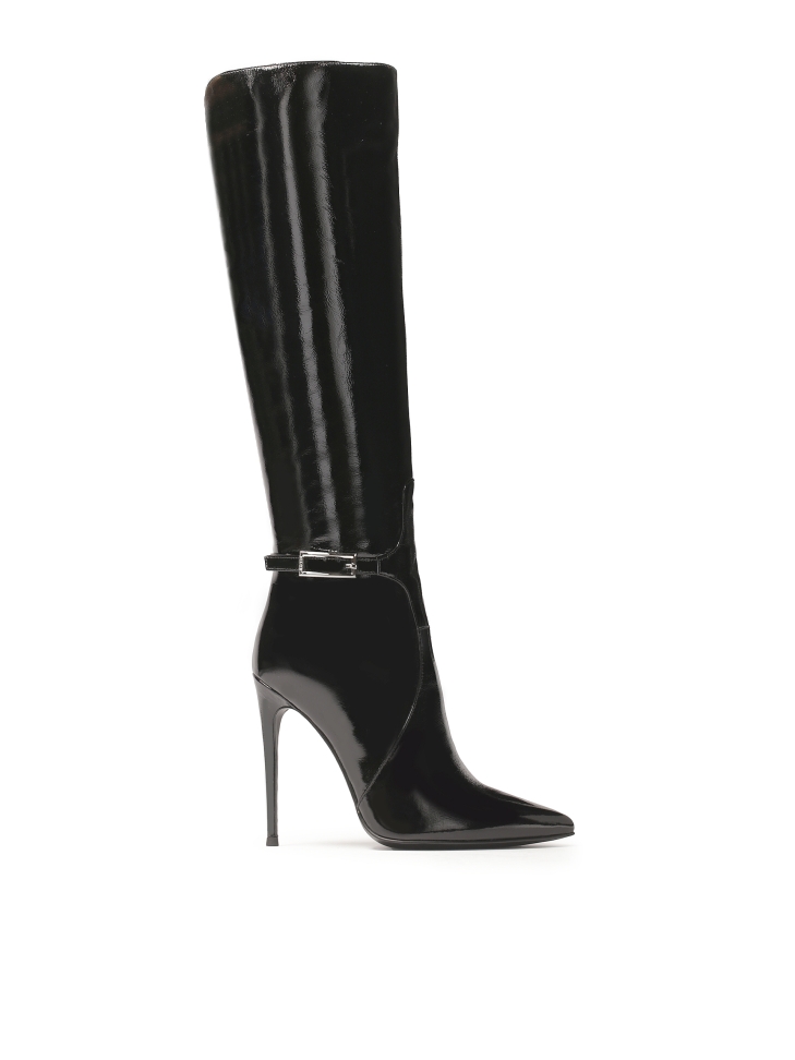 Patent leather stiletto heeled boots with cutout upper