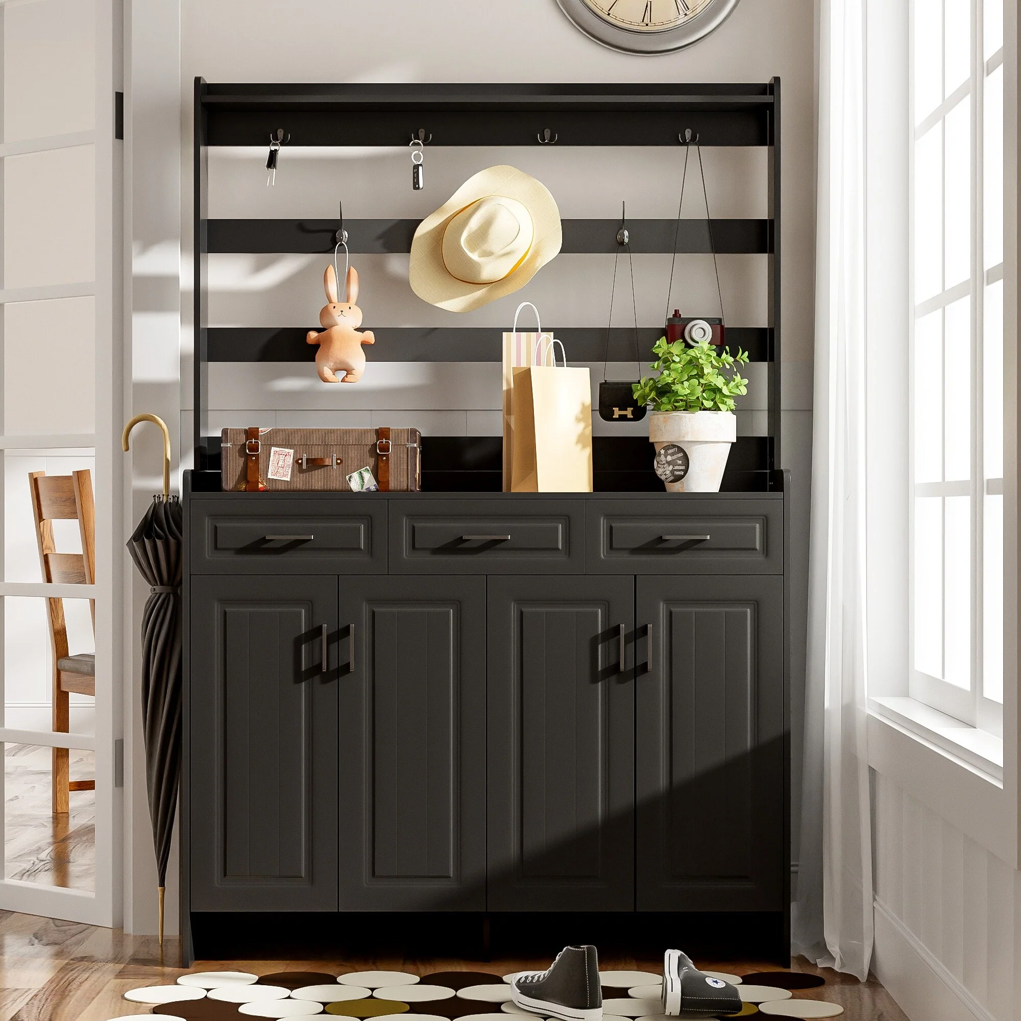 4 Door Shoe Cabinet with Coat Rack, Multi-Functional Shoe Rack with 3 Drawers, 8 Shelves, Entryway Wood Storage Console