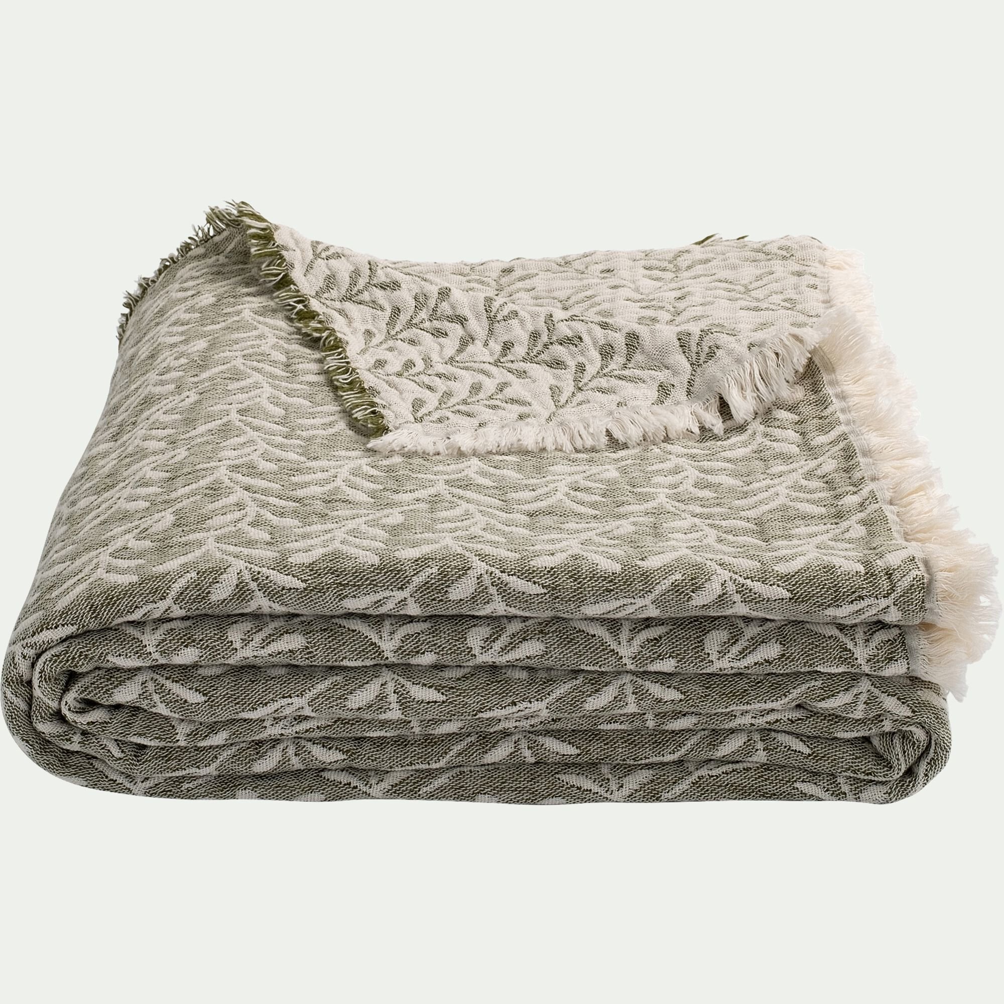CALIMEA - Couvre lit en coton motif feuilles finition franges 230x250cm - vert