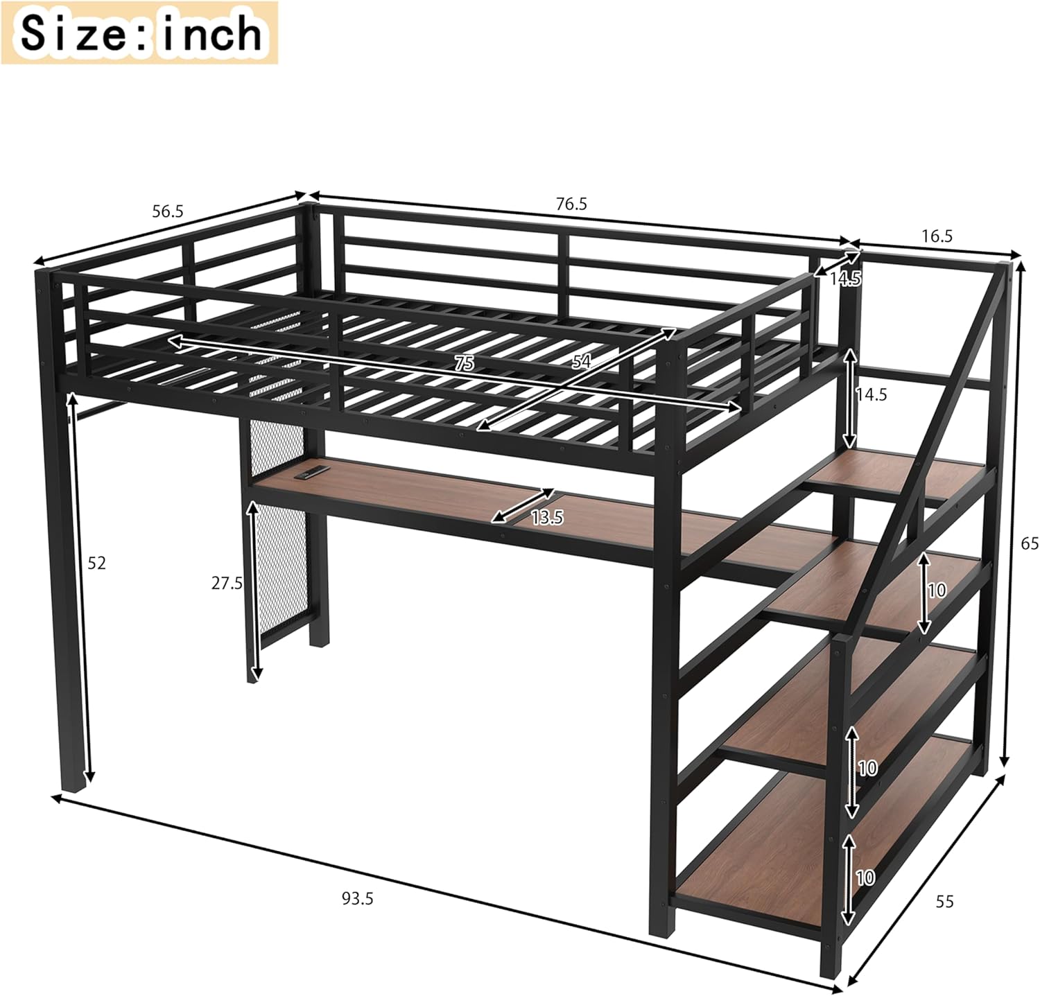 Bellemave Metal Full Size Loft Bed with Desk and Storage Stairs,Heavy Duty Loft Bed Frame Full Size with LED Lights and Charging Station for Kids,Teens,Adults,Black