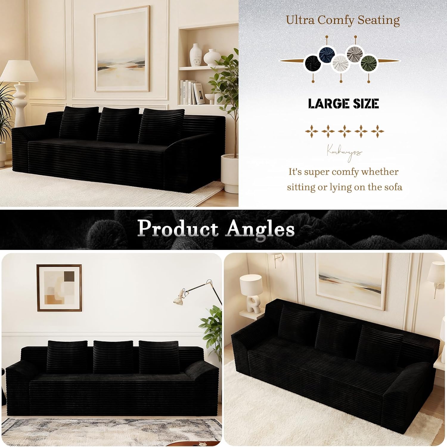 71 Corduroy Living Room Sofa, 3 Setaser Deep Seat Couch with 3 Lumbar Pillows, Comfy Boneless Sofa Modern Compressed Couch for Bedroom, Office, Apartment, No Assembly, Curved Armrests (Black)