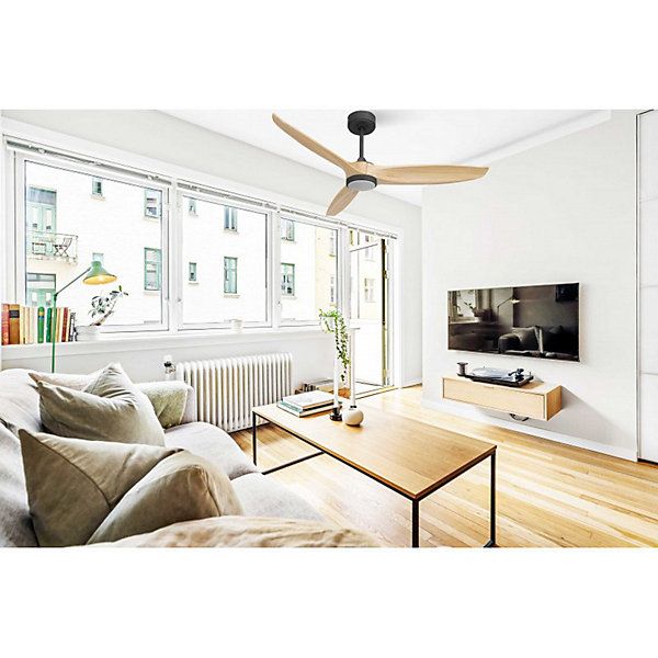 Bolt, Ventilateur déstratificateur d'air, pales bois clair132Cm, moteur noir, 100 % efficace hiver/été avec lampe.