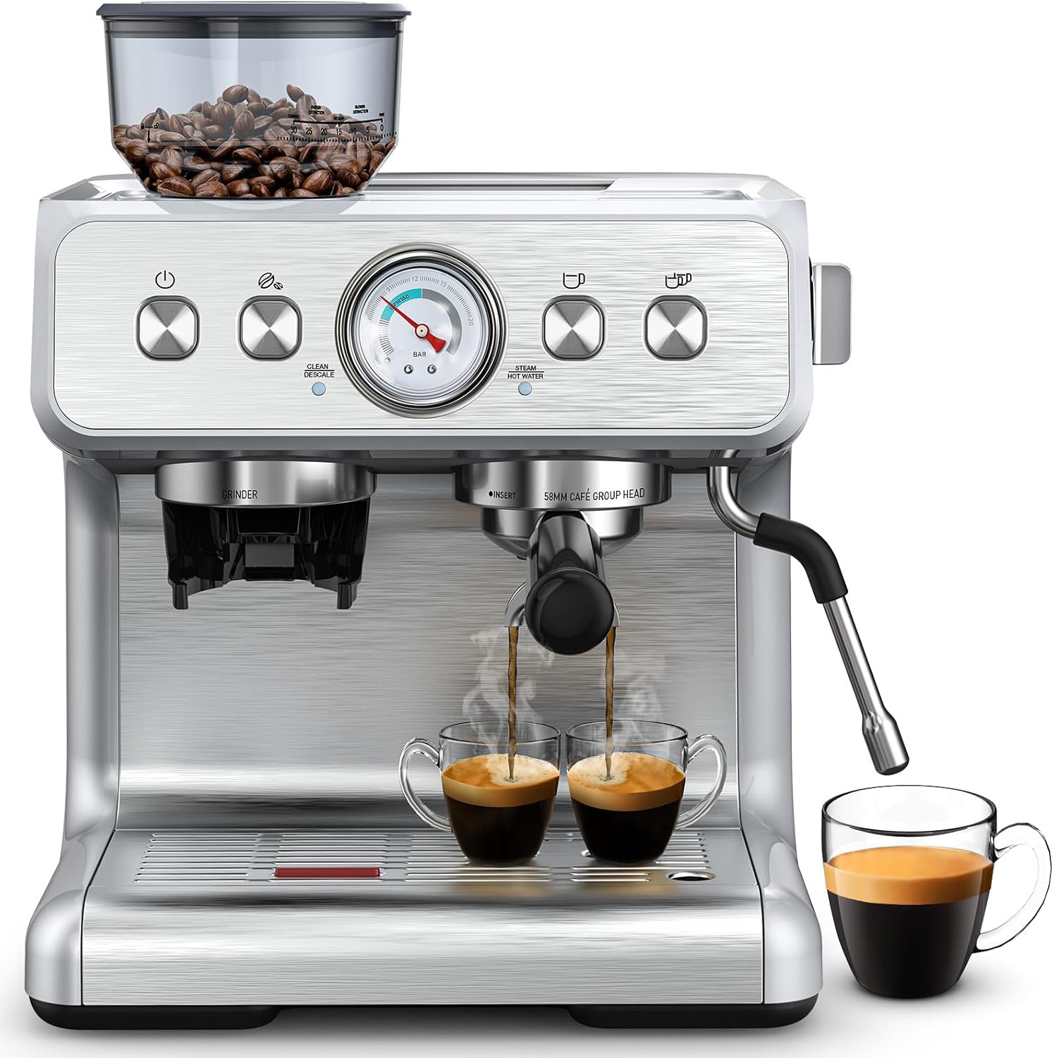 20 Bar Espresso Machine with Grinder & Milk Frother Steam Wand, 58mm Expresso Coffee machines, Stainless Steel Coffee Maker for Cappuccino and Latte, Perfect for Home and Café Use