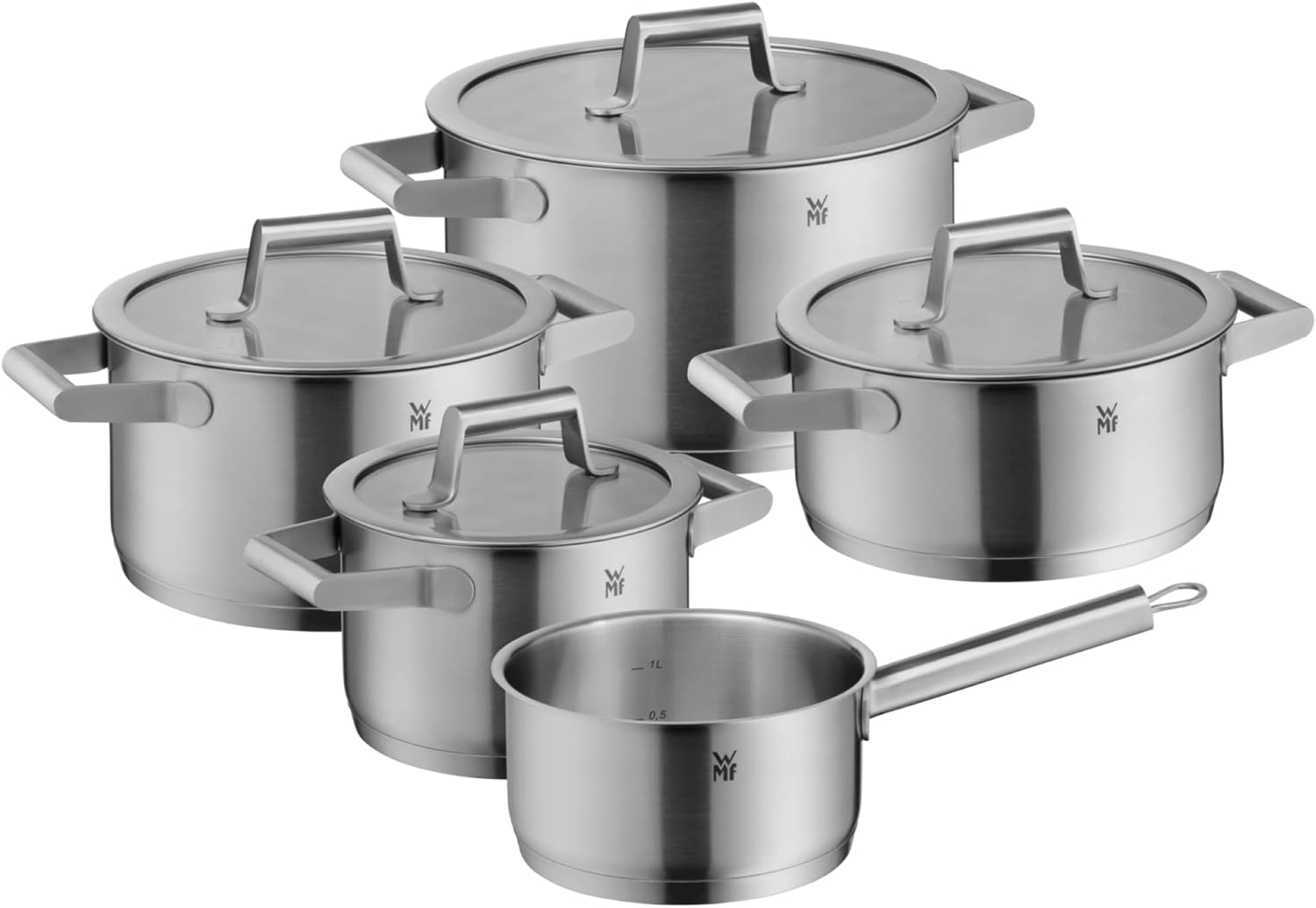 WMF Comfort Line Advantage Saucepan Set - 5-Piece Induction Cooking Pot With Glass Lid, Cromargan Matte Stainless Steel, Scale, Stackable, Uncoated