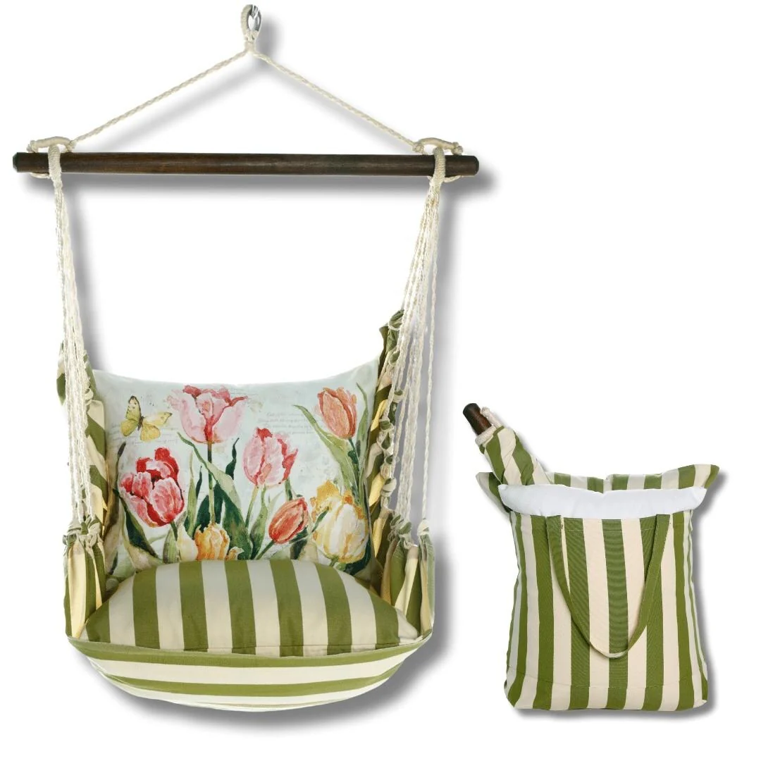 Magnolia Casual Swing Set 4 piece - Summer Palms Stripe w/ Pink and Yellow Tulips
