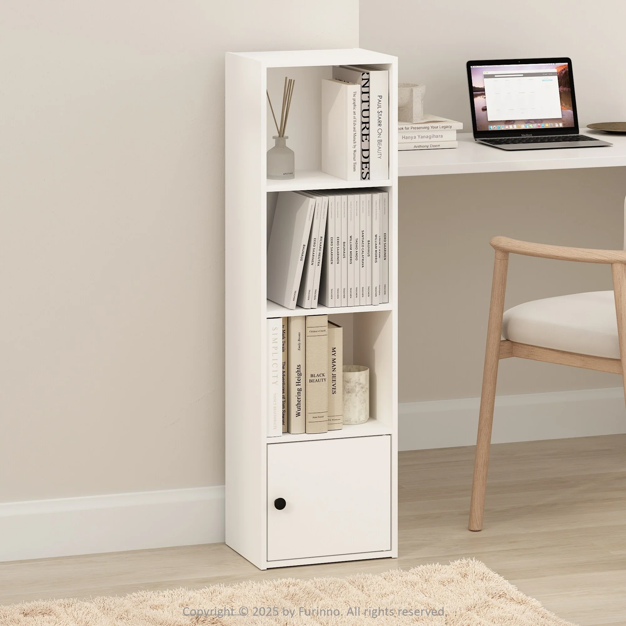 Furinno Luder 4-Tier Standing Shelf Bookcase with 1 Door Storage Cabinet, White
