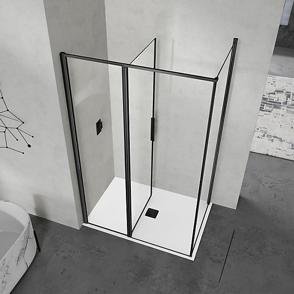 GRAND VERRE Porte de douche à ouverture pivotante intérieure et extérieure 90x190 en alu noir mat