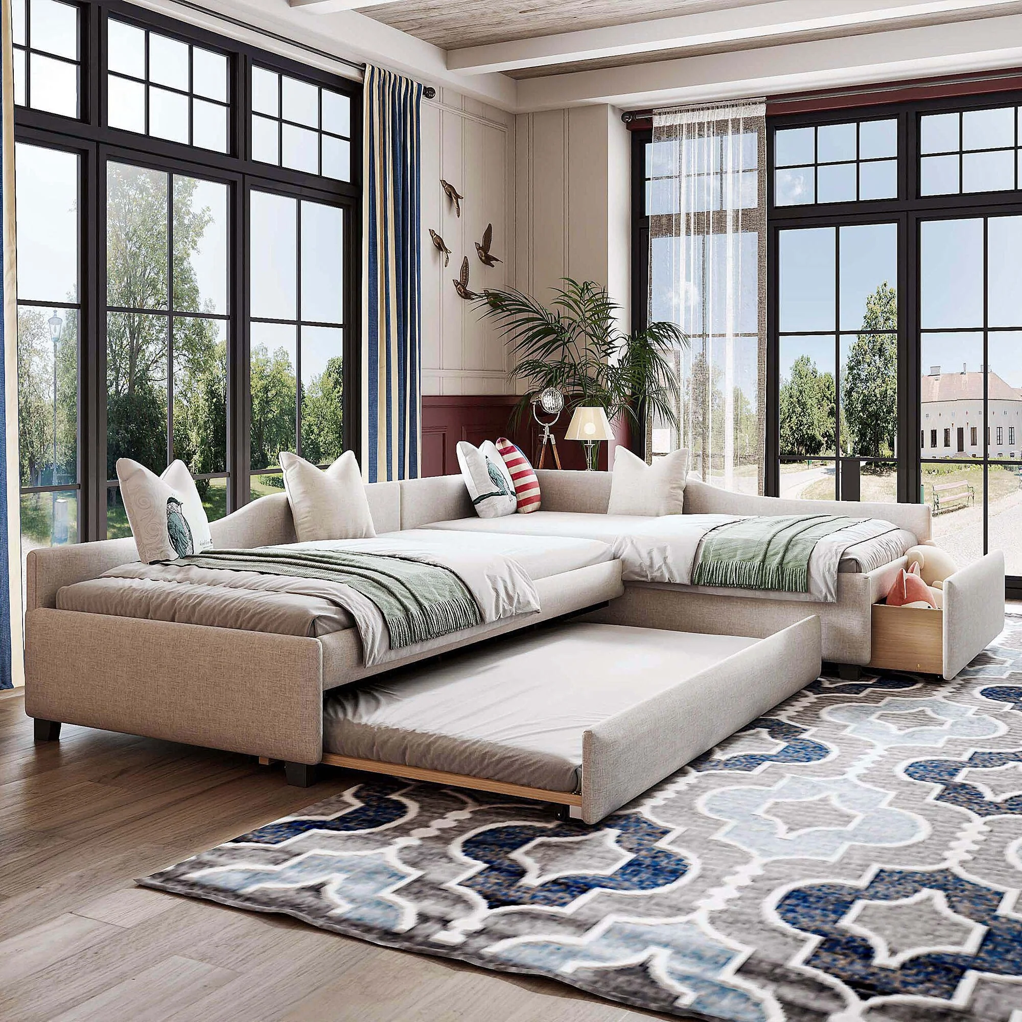 Upholstered Double Twin Size Daybed with Trundle and Drawer, Beige(Expected Arrival Time: 6.27)