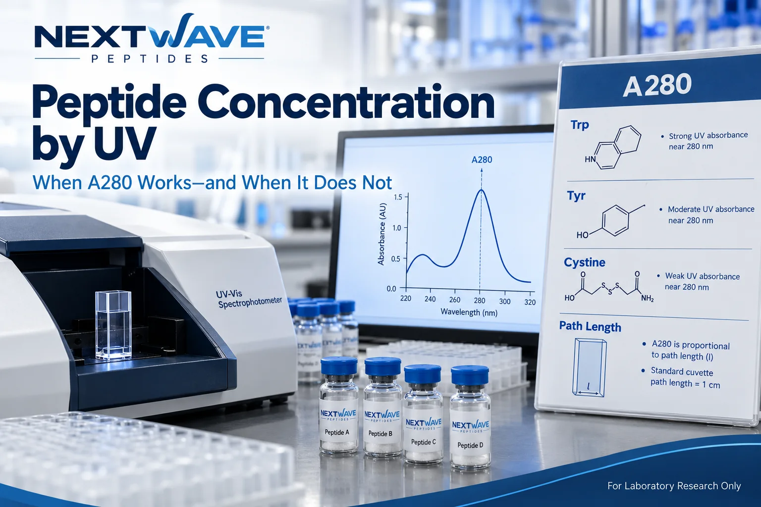 Research peptide vials beside a UV-visible spectrophotometer and an A280 diagram highlighting tryptophan, tyrosine, cystine, and path length.