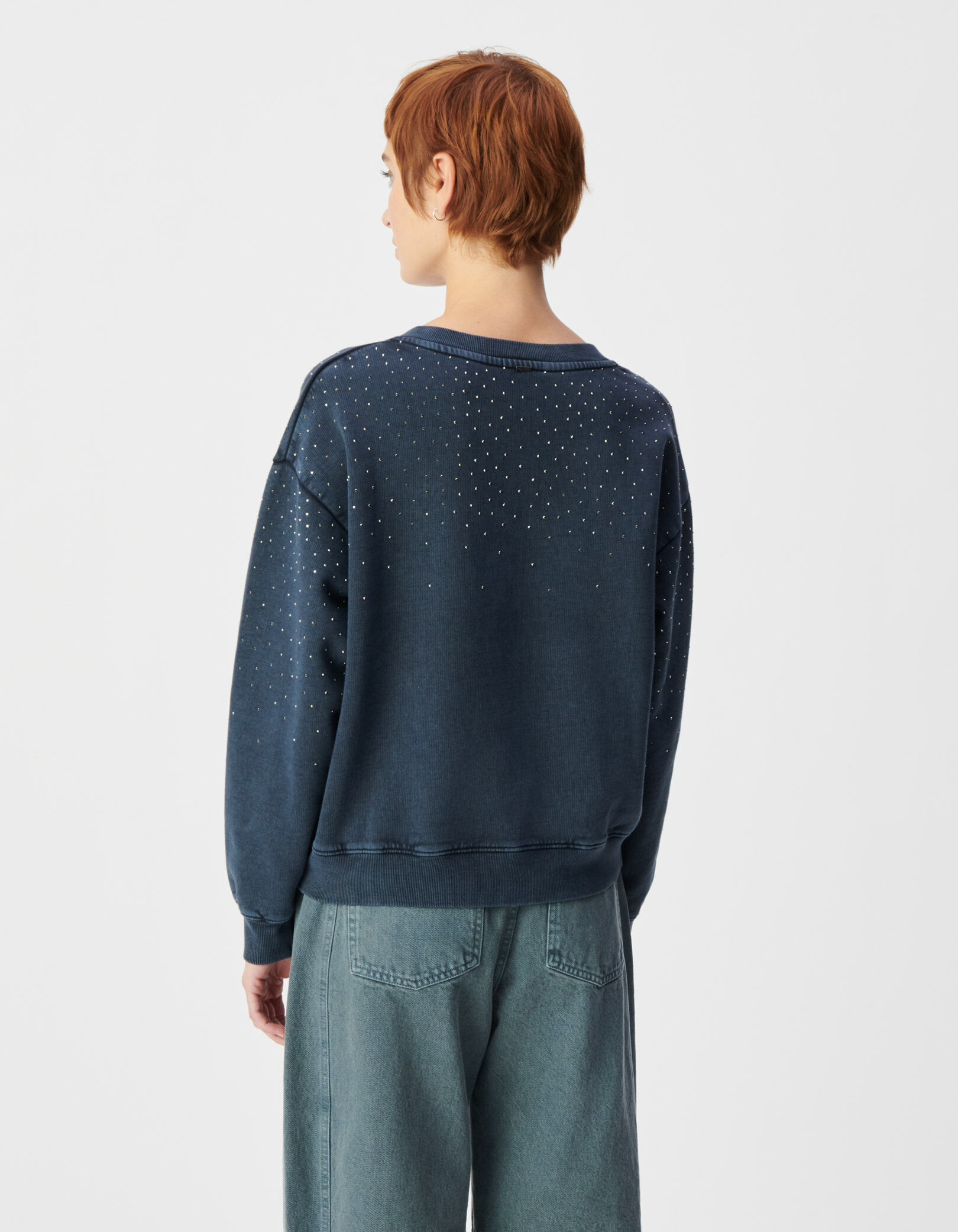 Sweat encolure V marine coton bio détails strass Femme
