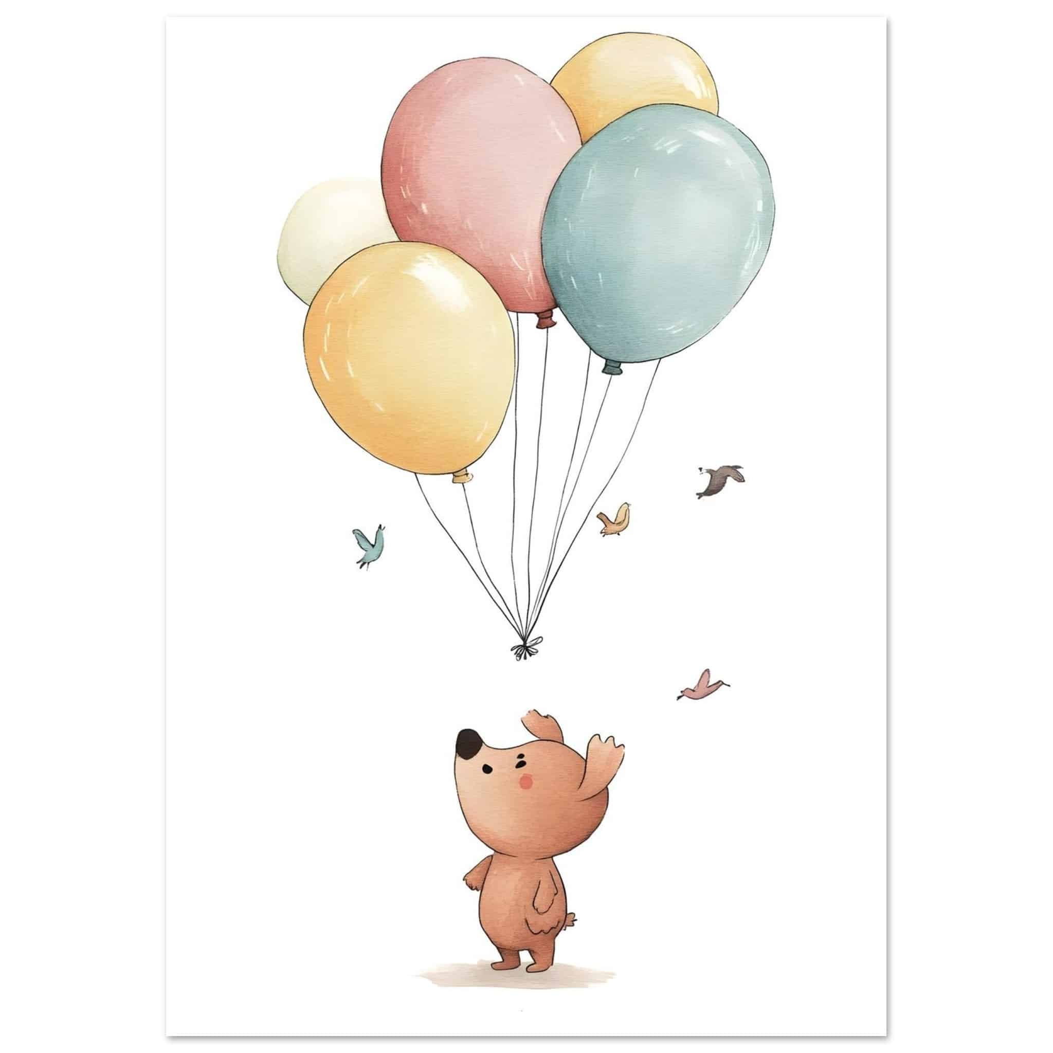 Artfulprints Poster Beer en ballonnen  - A4 21x29.7 cm - Meerkleurig