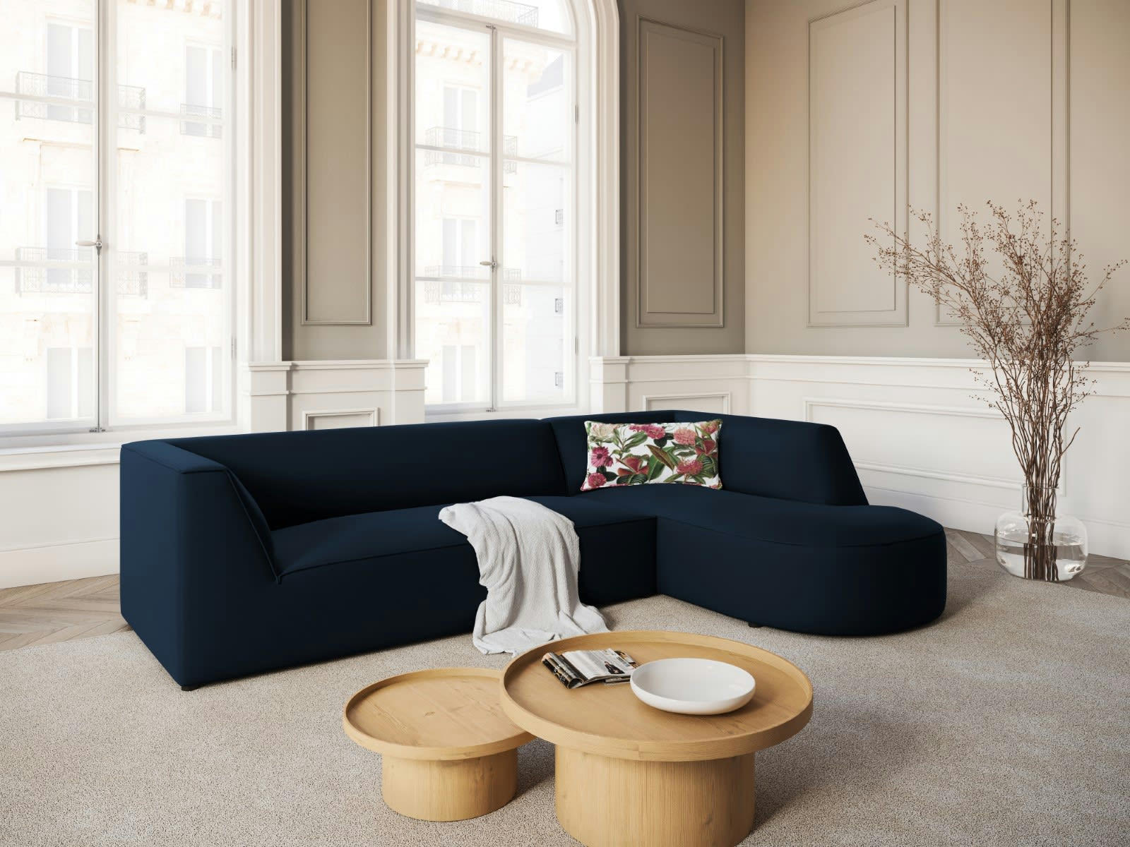 CHARLES - Canapé D'Angle Droit 4 places en Velours Bleu Foncé