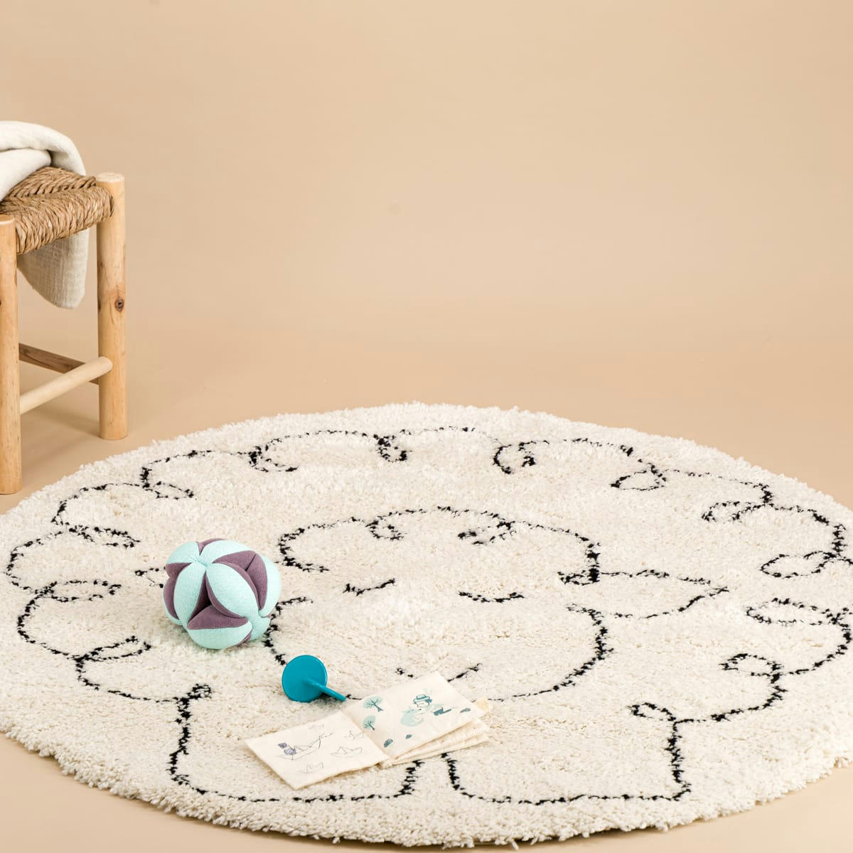SHEEP - Tapis rond enfant doux et poétique beige 120x120, OEKO-TEX®