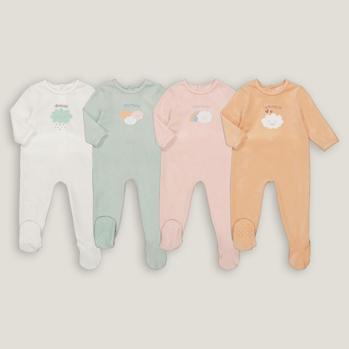 Lot de 4 pyjamas 1 pièce velours, imprimé nuage