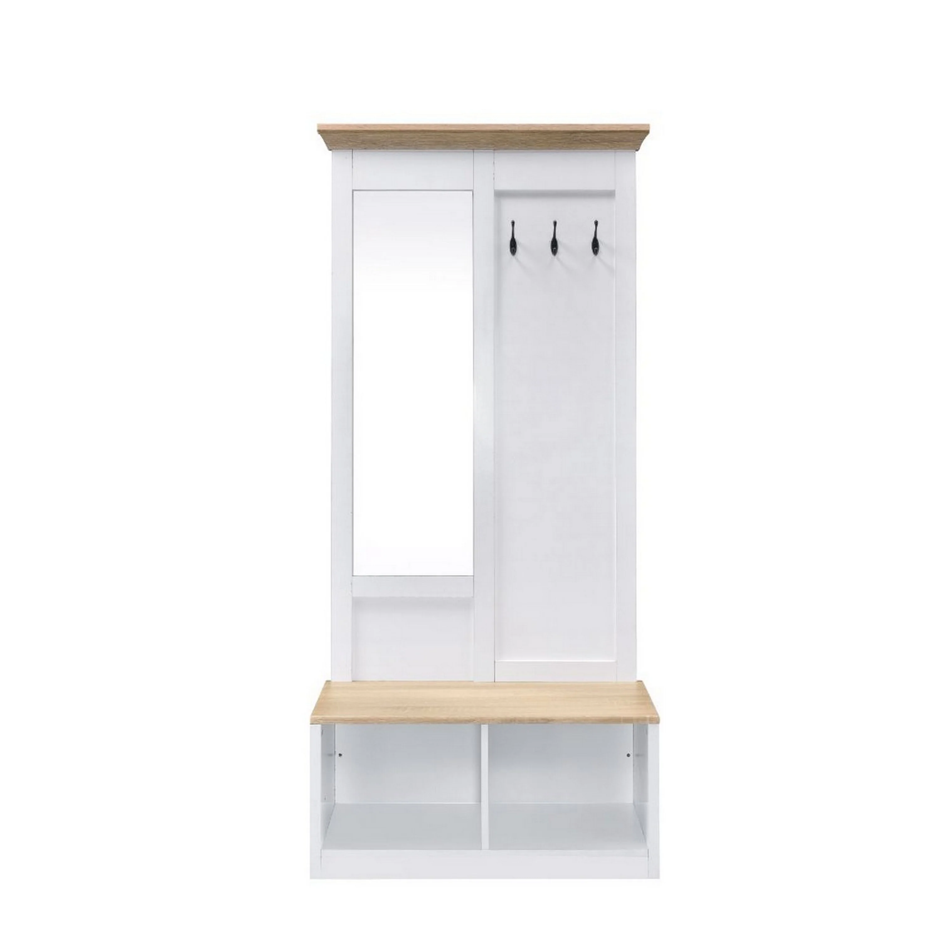 Hall Tree With Body Length Mirror and Bench Seat, White and Brown