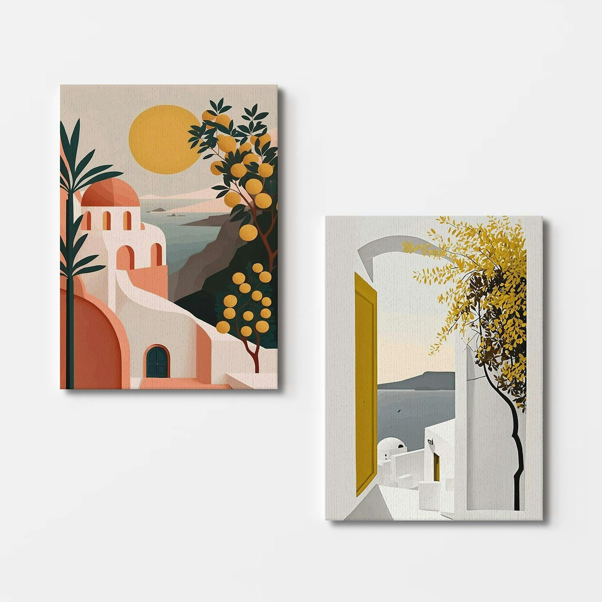 Tableau paysage méditerranéen – tons chauds (set de 2)