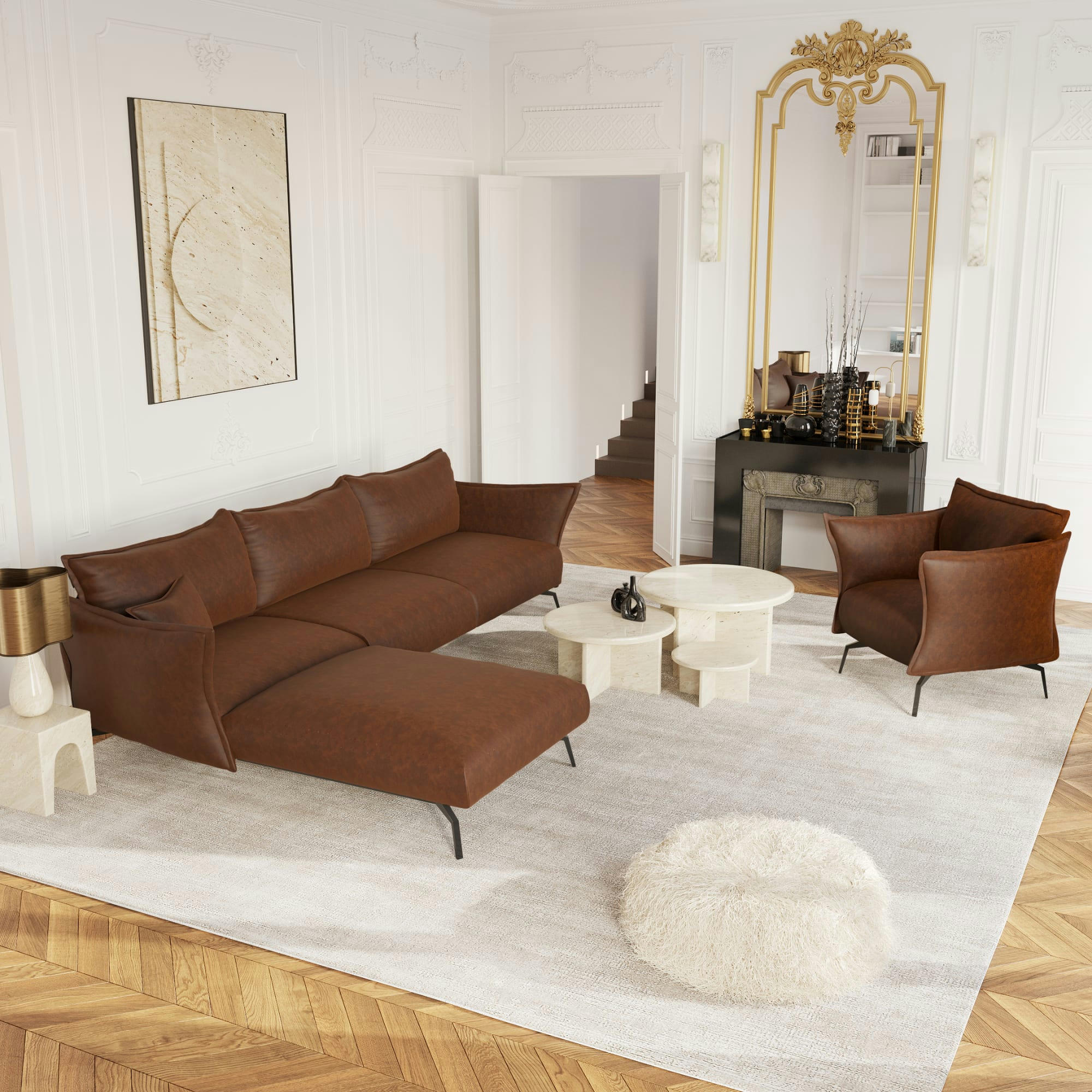 LENNY - Fauteuil Tissu effet cuir vintage cognac