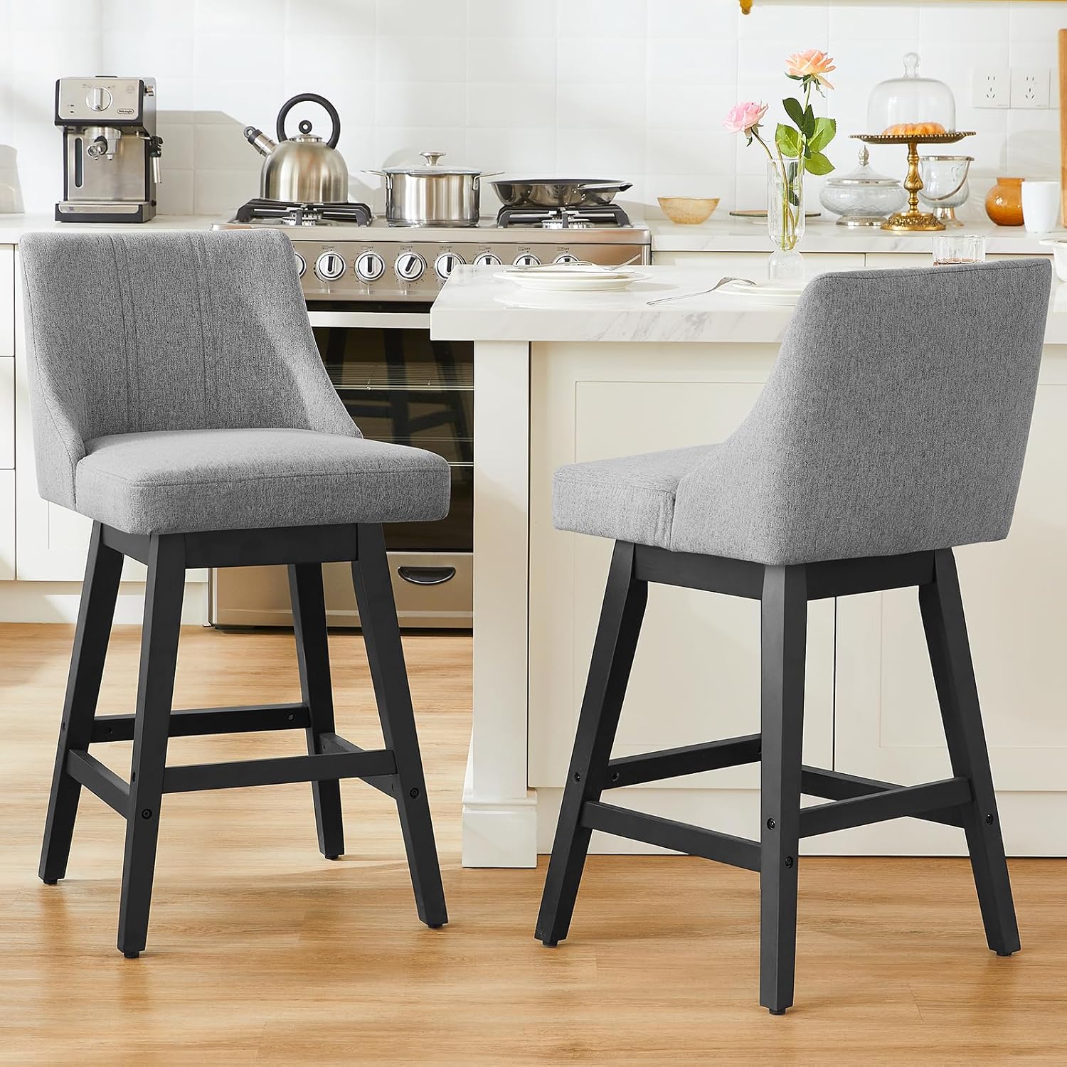 27'' Counter Height Bar Stools Set of 2, Swivel Bar Stools with Backs, Modern Fabric Bar Stools for Kitchen Island, Solid Wood Legs, Adjustable Feet (Fabric - Dark Gray, Set of 2-27 H)