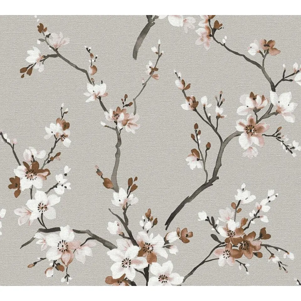 Livingwalls behang bloemmotief grijs, bruin en wit - 53 cm x 10.05 m