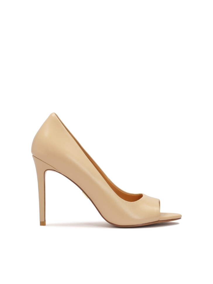 Beige leather peep toe high heel pumps