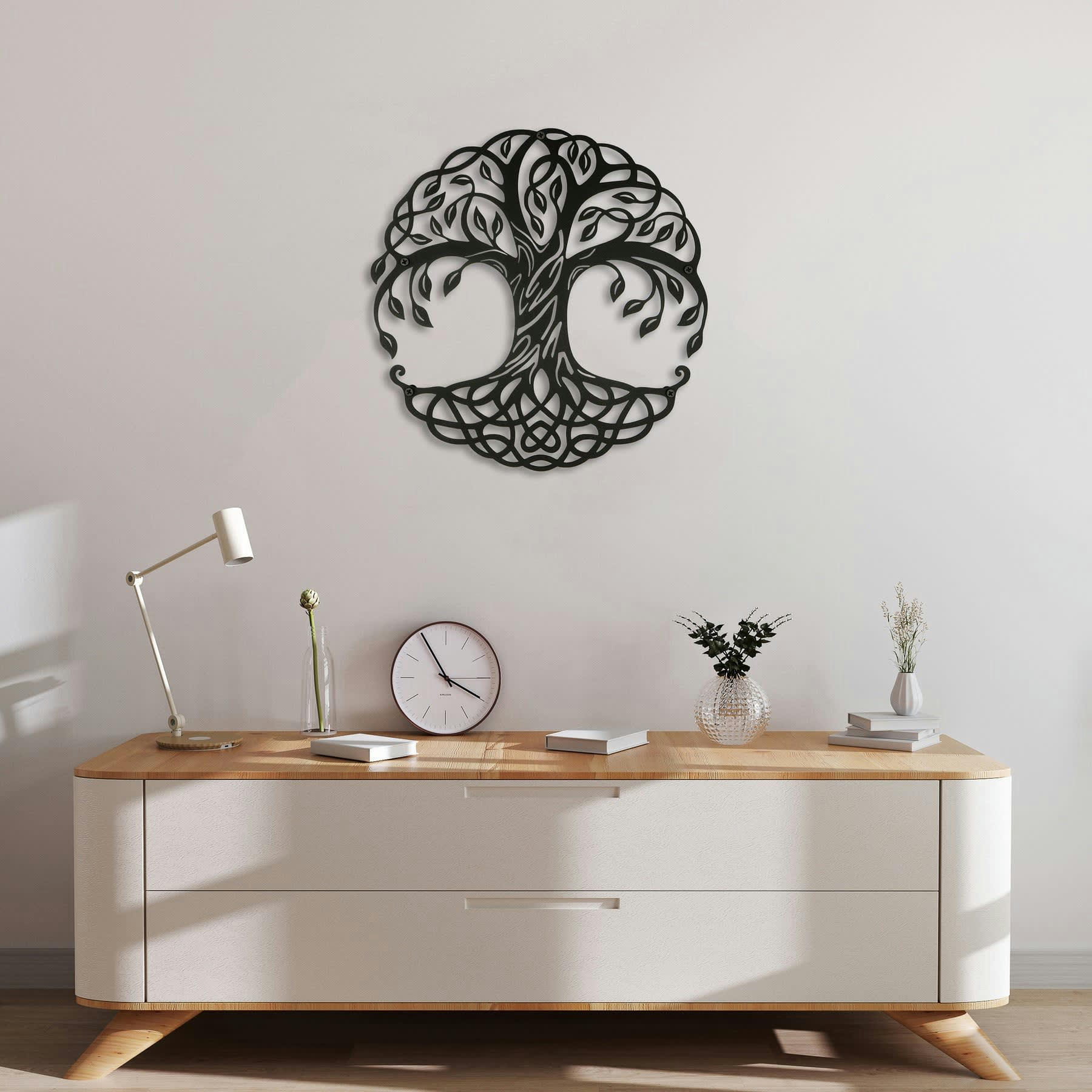 - Déco murale arbre de vie cercle en métal noir 30x30 cm