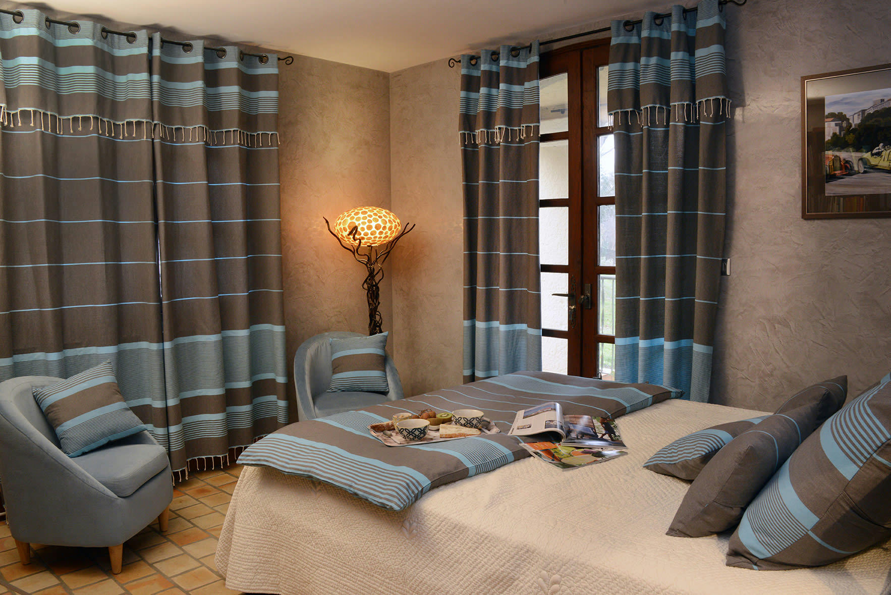 - CARTHAGE - Rideau ajustable coton anthracite turquoise 140 x 250 à 280