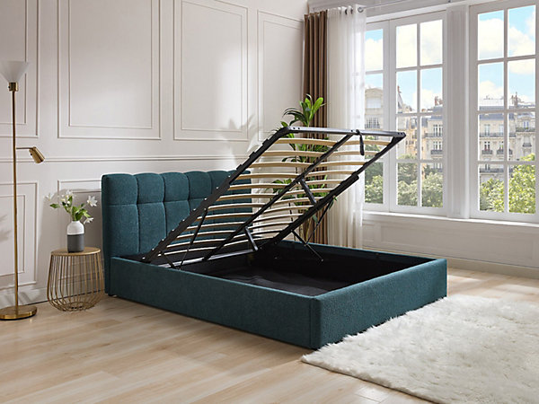 Lit coffre 140 x 190 cm - Tissu bouclette - Bleu canard - MAZIRI