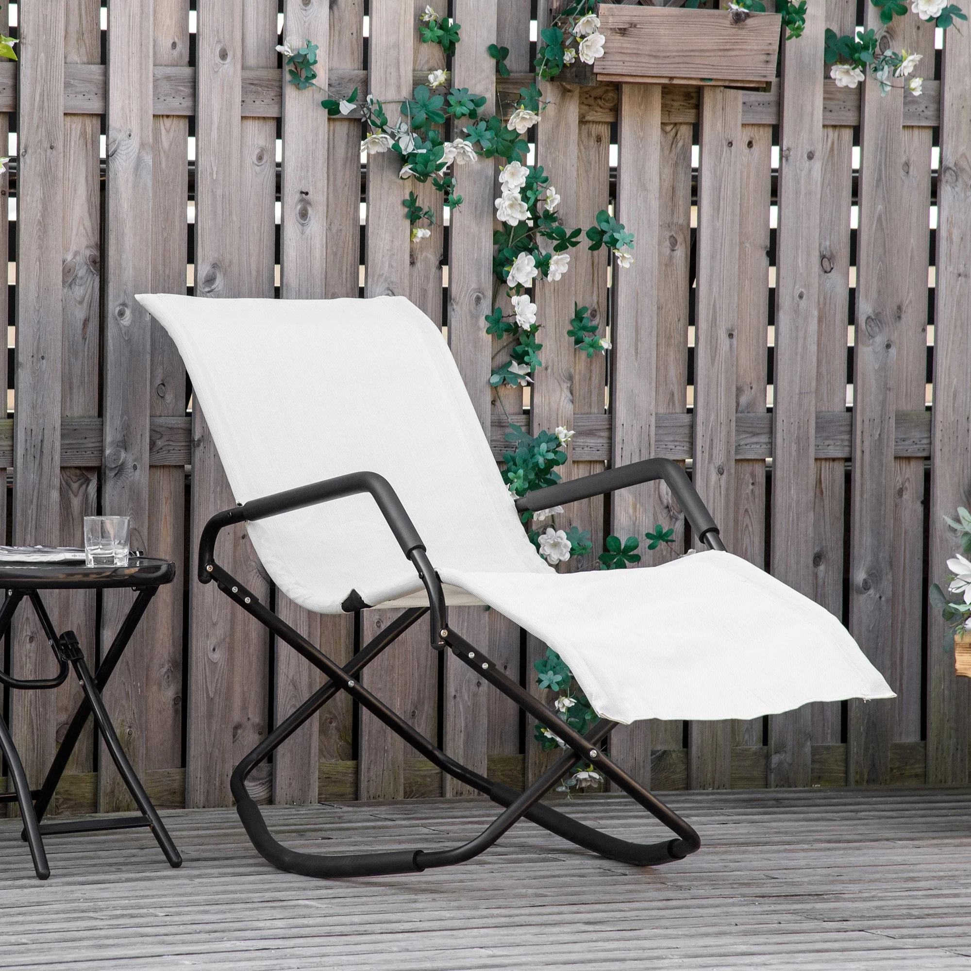 Foldable Outdoor Rocking Lounge Chair Portable Sun Lounger with Armrests and Breathable Mesh for Beach Patio Poolside