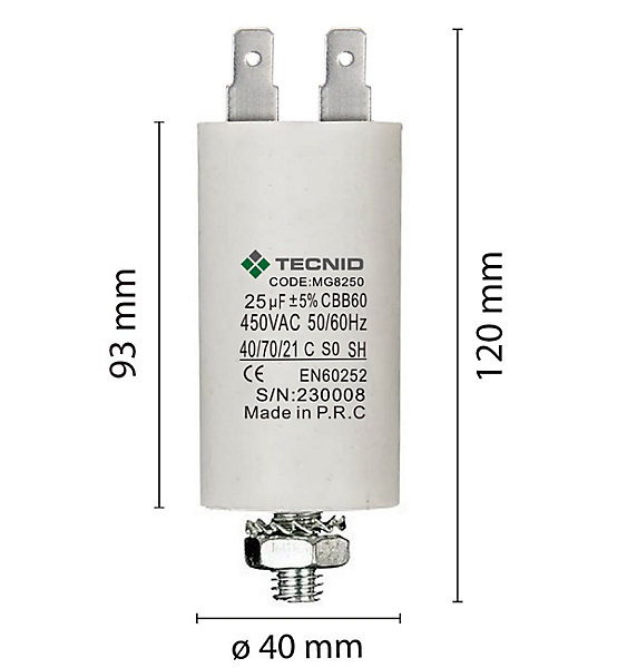 Condensateur de démarrage pour moteurs électriques, 450V, capacité : 25 microfarad, 4 broches / M8